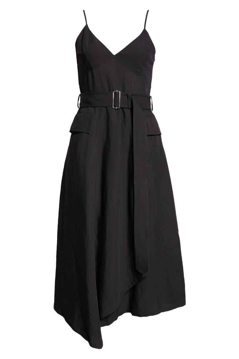 Jacquelyn Belted Asymmetric Dress, Alternate, color, BLACK