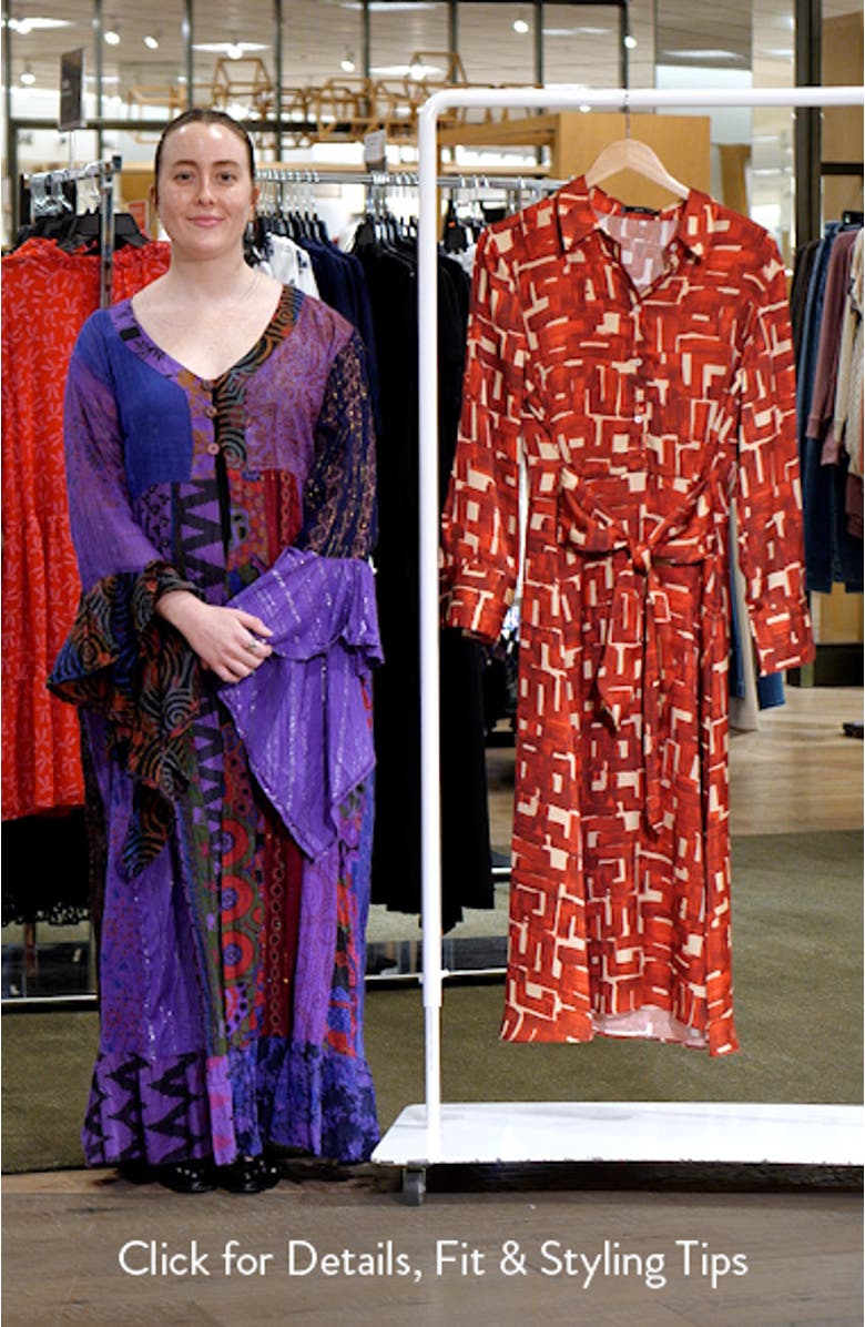 Print Tie Waist Long Sleeve Maxi Shirtdress, sales video thumbnail