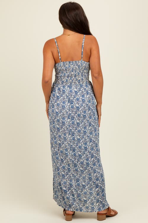 Pinkblush Floral V-neck Twist Front Keyhole Maxi Dress In Blue