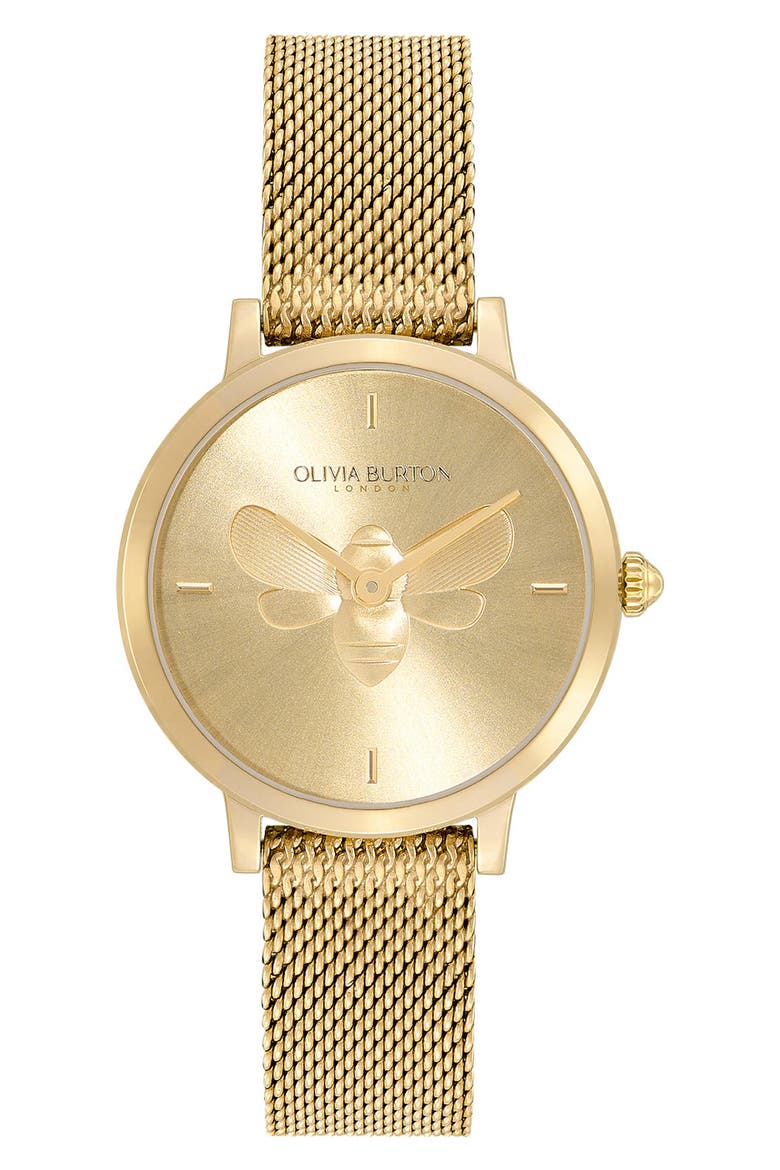 Signature Bees Mesh Strap Watch, 28mm, Main, color, GOLD