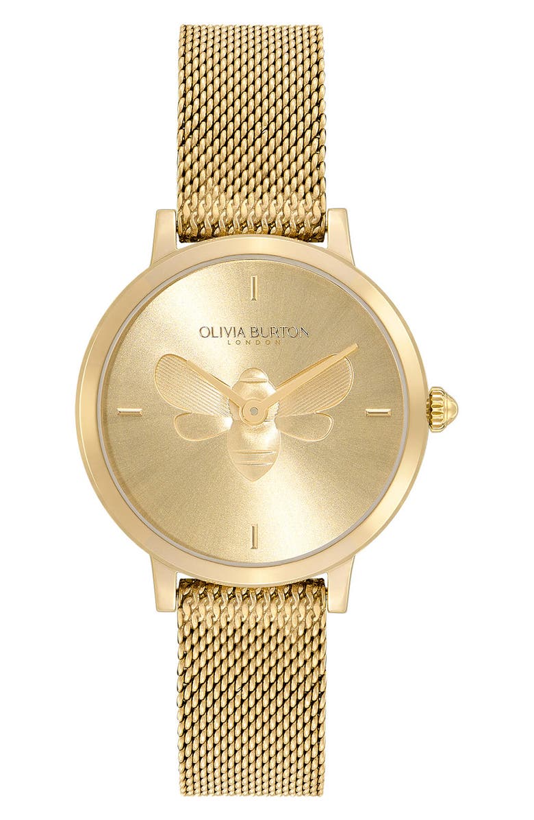 Olivia Burton Signature Bees Mesh Strap Watch, 28mm, Main, color, Gold