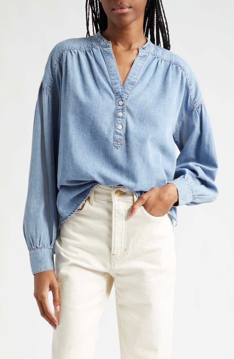 Veronica Beard Kylie Cotton Blend Chambray Shirt, Main, color, Pebble Stone