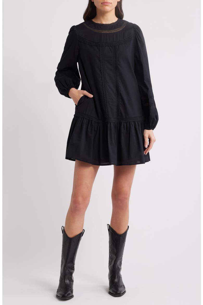 Lace Detail Long Sleeve Shift Dress, Main, color, BLACK