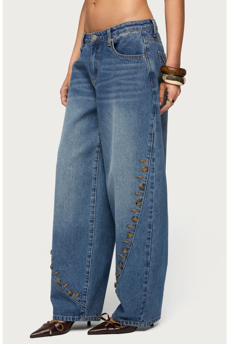 Button Stitch Barrel Leg Jeans, Alternate, color, BLUE-WASHED