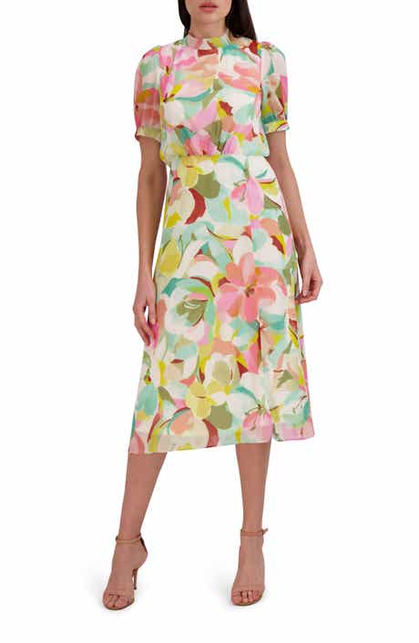 新作セール DKNY ワンピース Floral Godet Chiffon Midi Dress DKNY Floral Short Sleeve Godet Chiffon Midi Dress