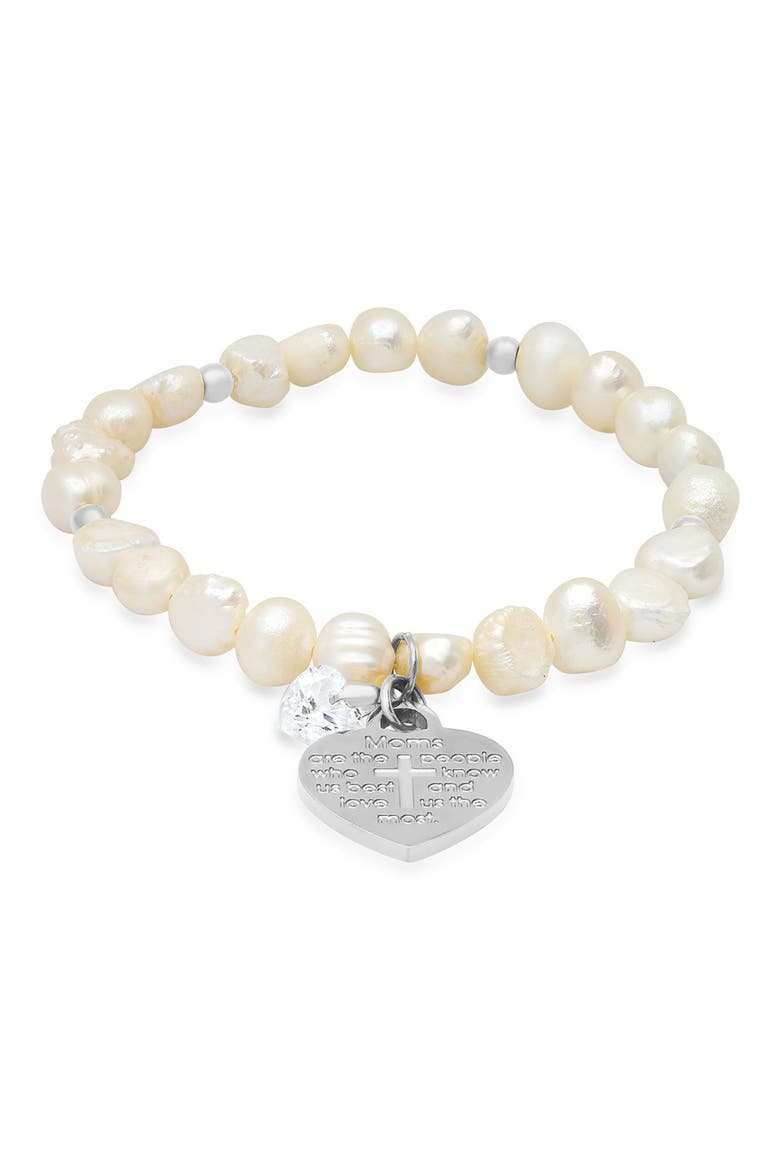 Mom Cross Heart Charm Stainless Steel Simulated Diamond Imitation Pearl Stretch Bracelet, Main, color, METALLIC