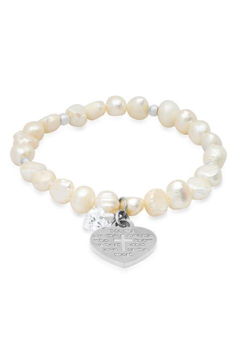 Mom Cross Heart Charm Stainless Steel Simulated Diamond Imitation Pearl Stretch Bracelet