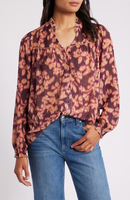 Bobeau Ruffle Clip Dot Top in Wine Tan Floral 