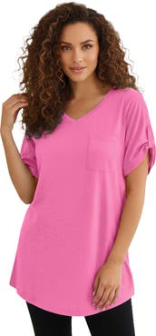 Roaman's Plus Size Slub V Neck Boyfriend Tunic Top