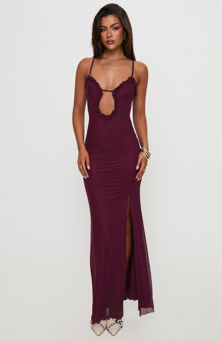 Princess Polly Soulina Plunge Neck Ruched Mesh Maxi Dress, Alternate, color,