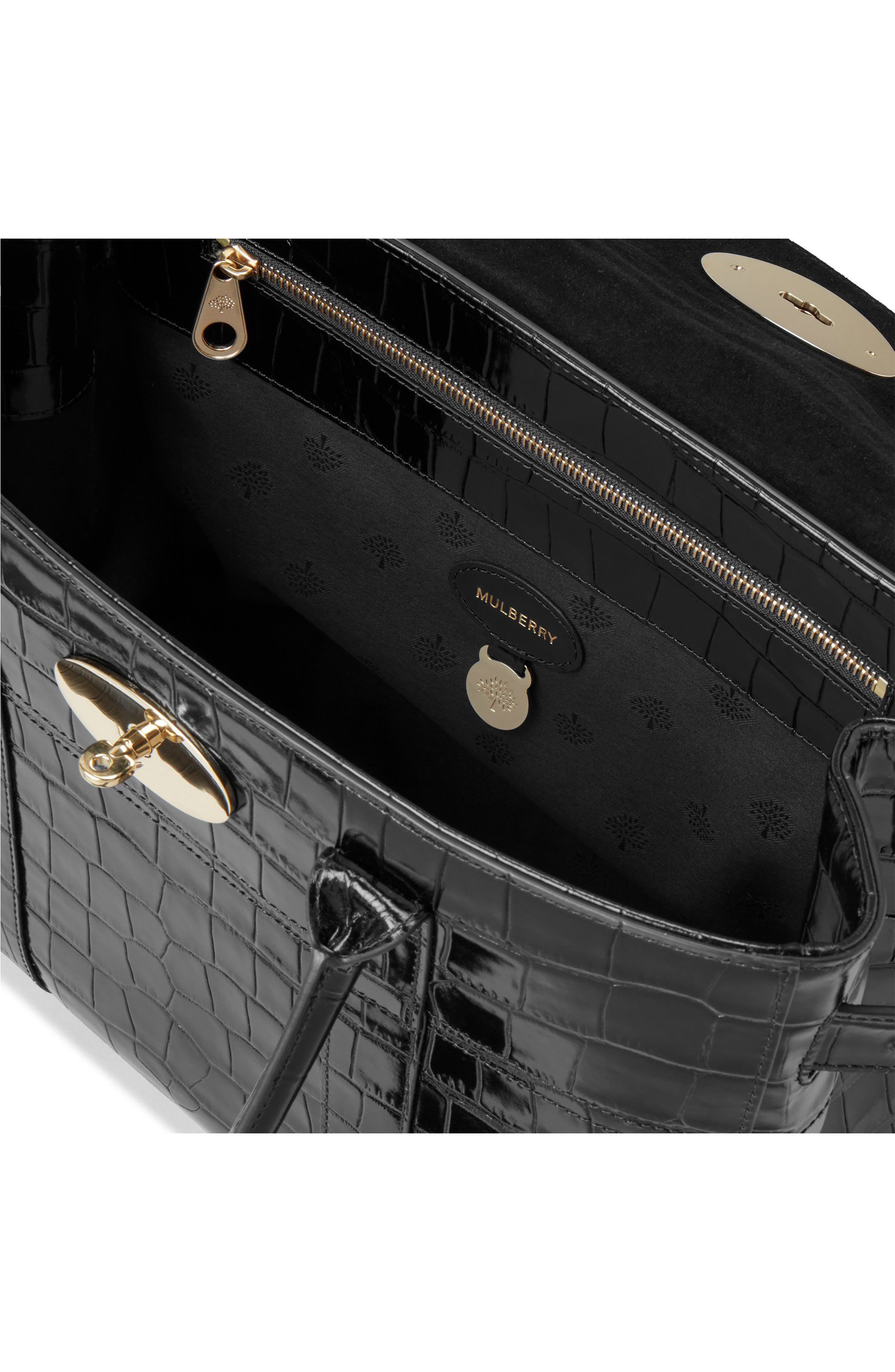 Mulberry Small Bayswater Shiny Croc Embossed Leather Satchel, Alternate, color, Black