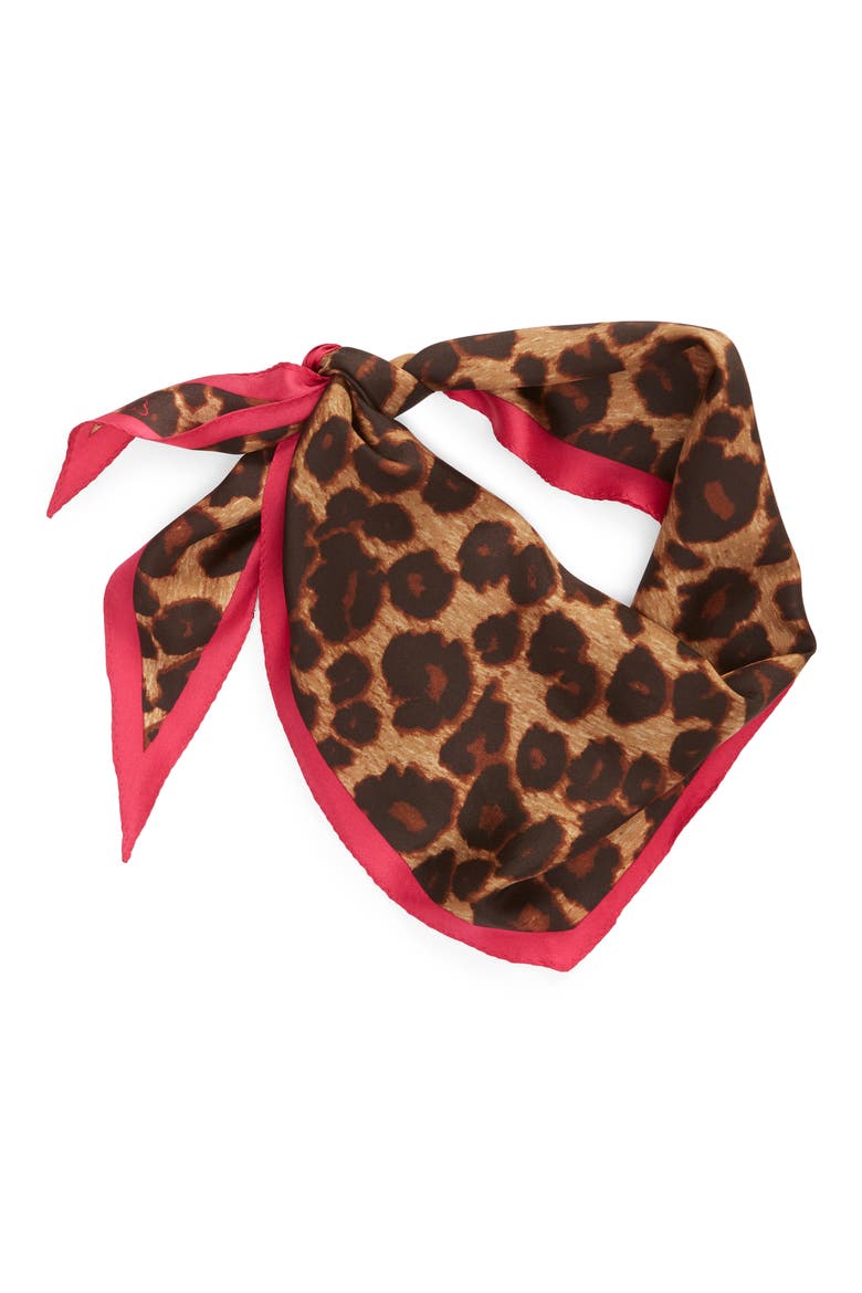 Leopard Diamond Silk Scarf, Alternate, color, NATURAL/ HOT PINK