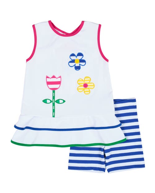 Florence Eiseman Stripe Knit Short Set With Flowers In White/royal