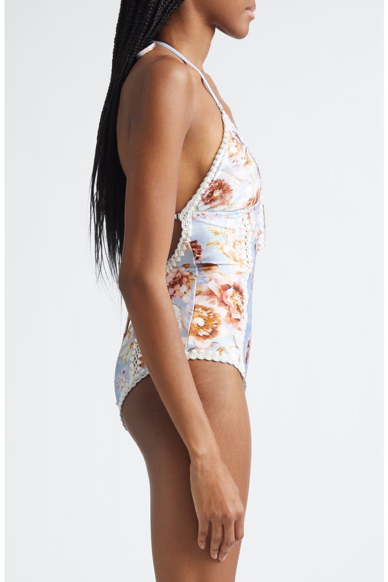 Awaken Crochet Trim Keyhole One-Piece Swimsuit, Alternate, color, CHAMBRAY FLORAL