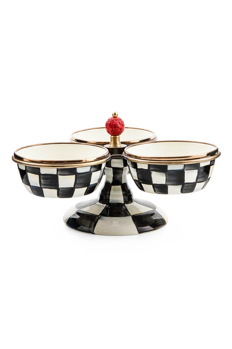 Courtly Check Enameled Steel Triplicity Bowls & Stand Set, Main, color, BLACK/ WHITE