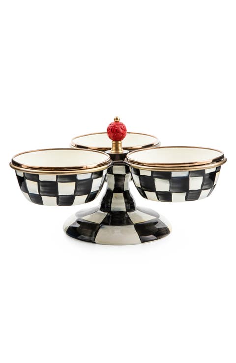 Courtly Check Enameled Steel Triplicity Bowls & Stand Set