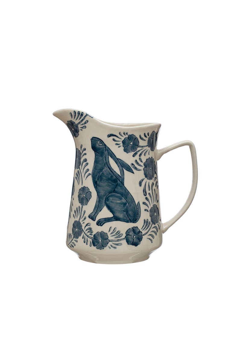 Stoneware Pitcher with Painted Rabbit and Florals, Blue and Cream, Main, color, Blue