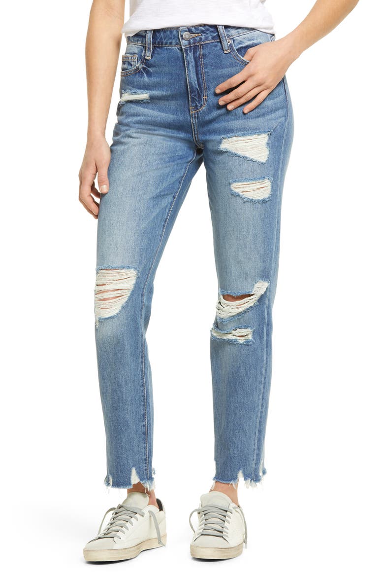 Ripped High Waist Ankle Straight Leg Jeans, Main, color, MEDIUM WASH