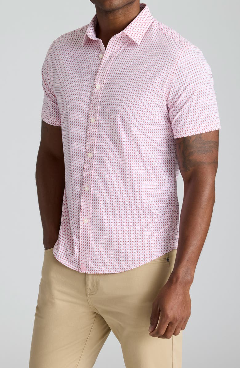 UNTUCKit Ireton Geo Print Short Sleeve Performance Button-Up Shirt, Main, color, Red White