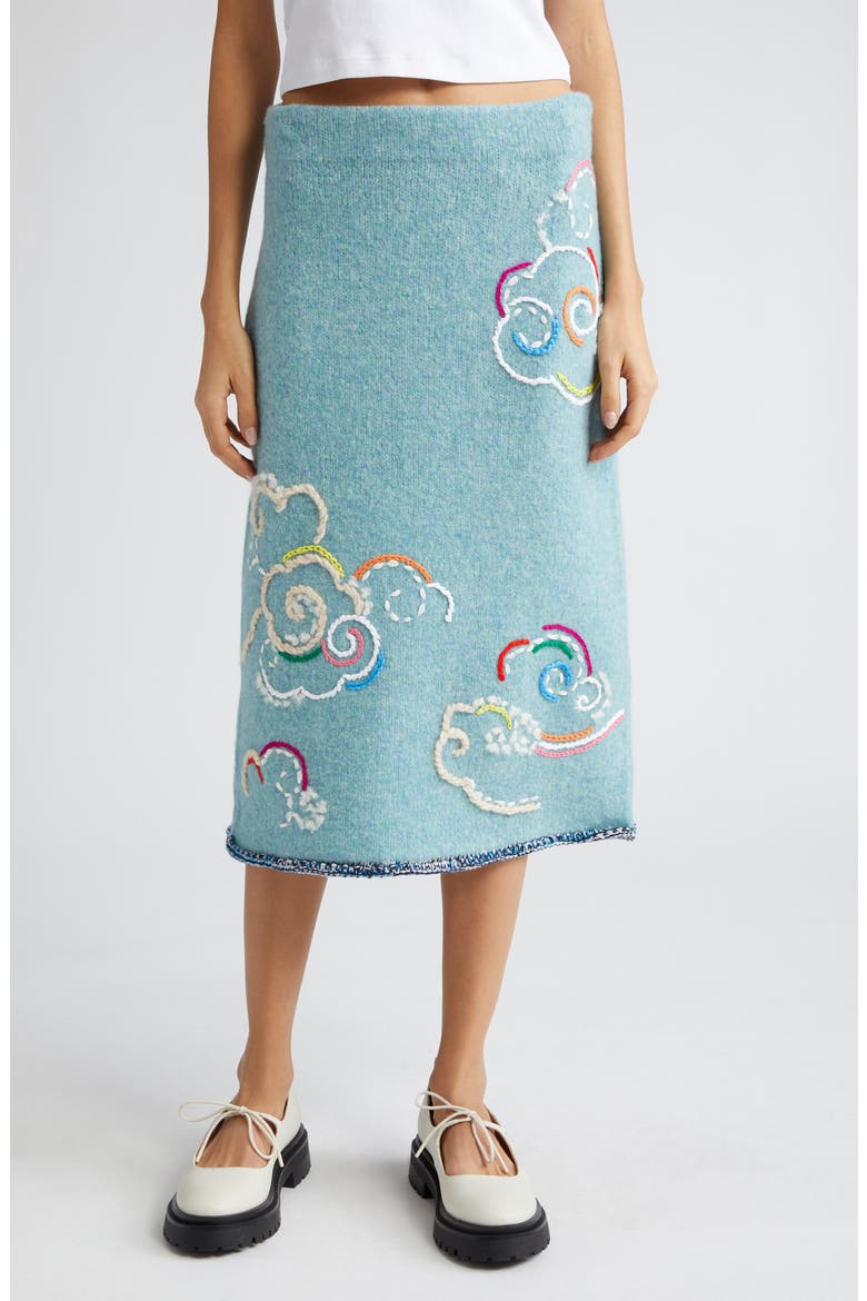 Cloud Embroidered Wool Blend Skirt, Main, color, BLUE