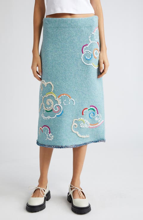 Cloud Embroidered Wool Blend Skirt