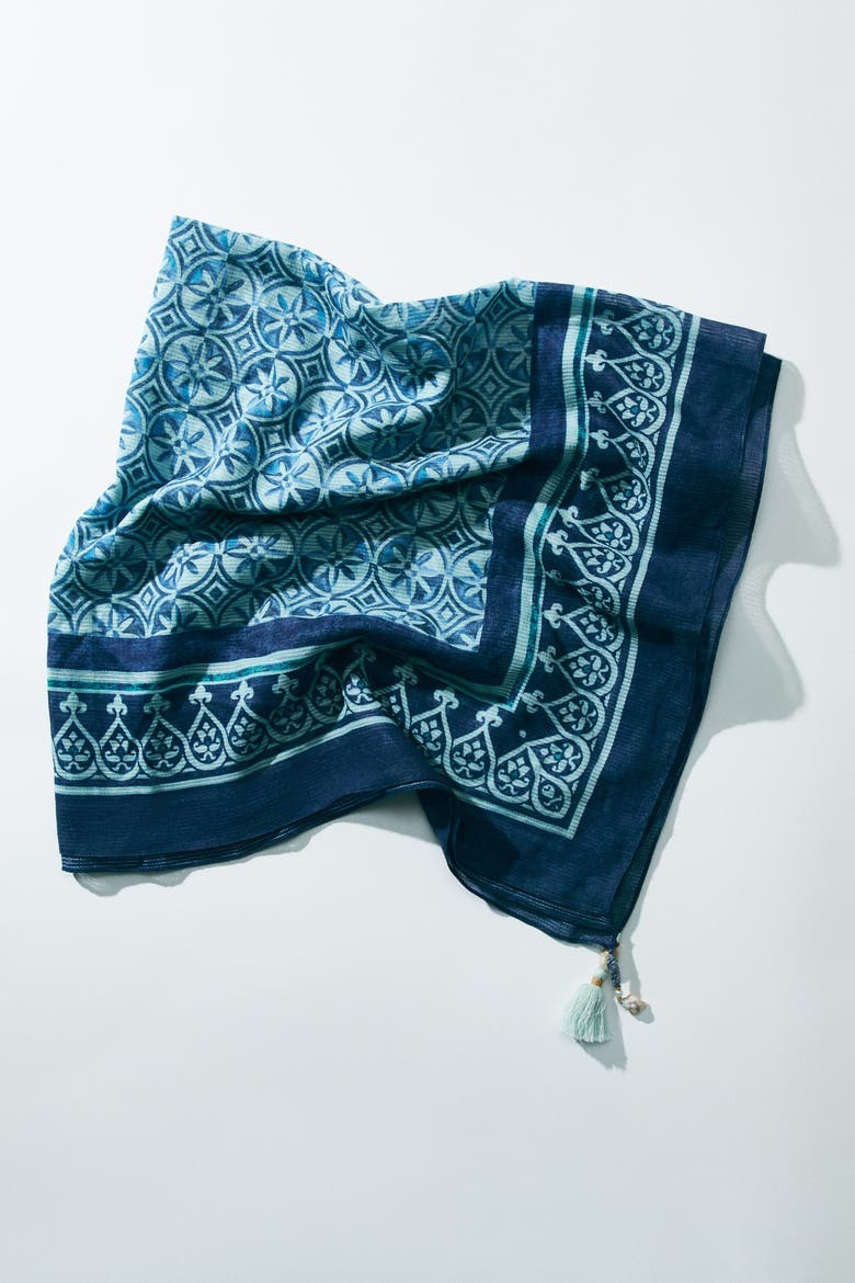 Printed Cotton Scarf, Alternate, color, Blue/patterned
