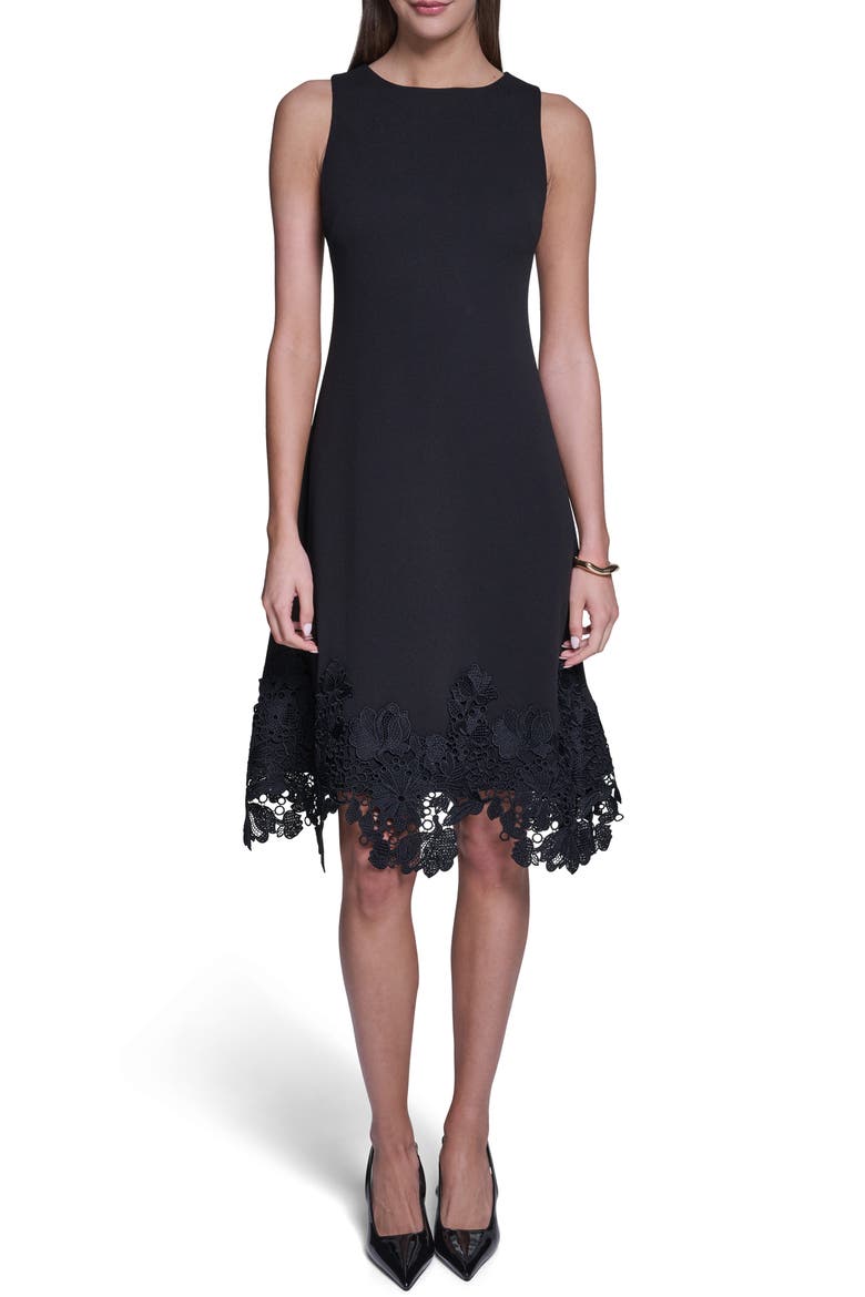Lace Trim A-Line Dress, Main, color, BLACK