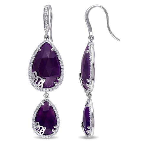 Purple Chalcedony & Diamond Drop Hook Earrings