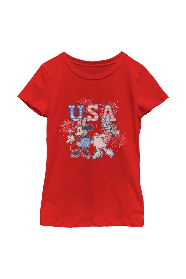Girl's Mickey & Friends Minnie and Daisy Fireworks  Graphic T-Shirt, Main, color, Red