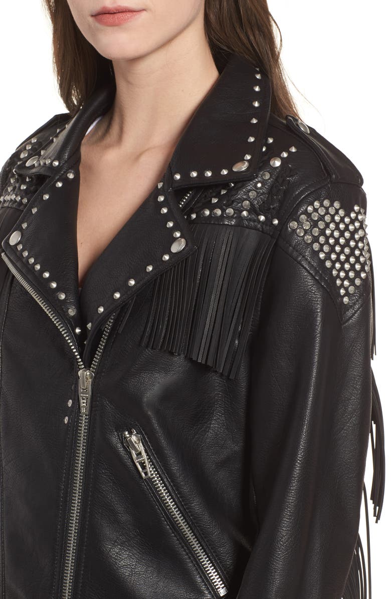 BLANKNYC Studded Fringe Faux Leather Moto Jacket, Alternate, color, 