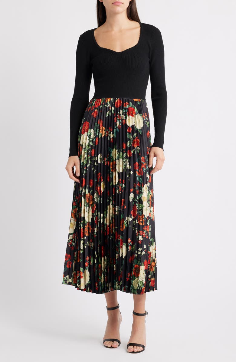 Elie Tahari The Maeve Long Sleeve Mixed Media Dress, Main, color, Noir Black/ Lovestruck