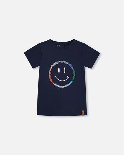 Little Boy's Organic Cotton Graphic Tee Smiling Navy Blue