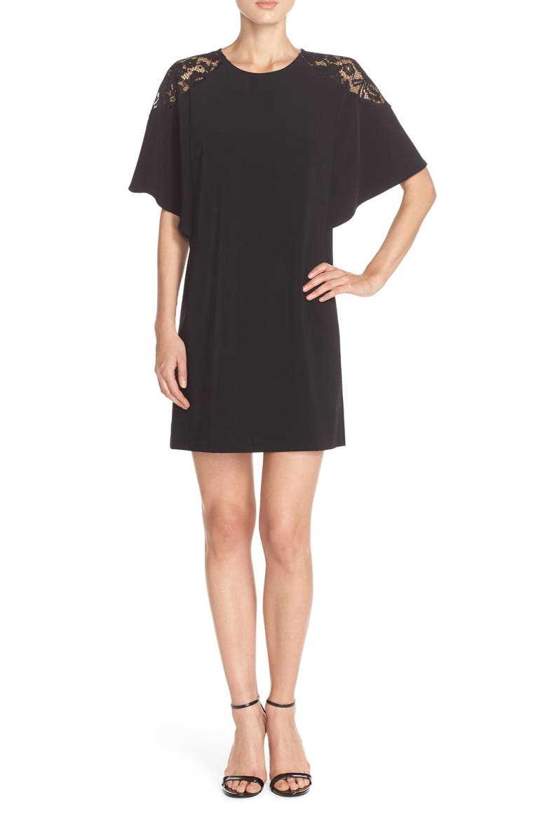 Lace Shoulder Crepe A-Line Dress, Alternate, color, BLACK
