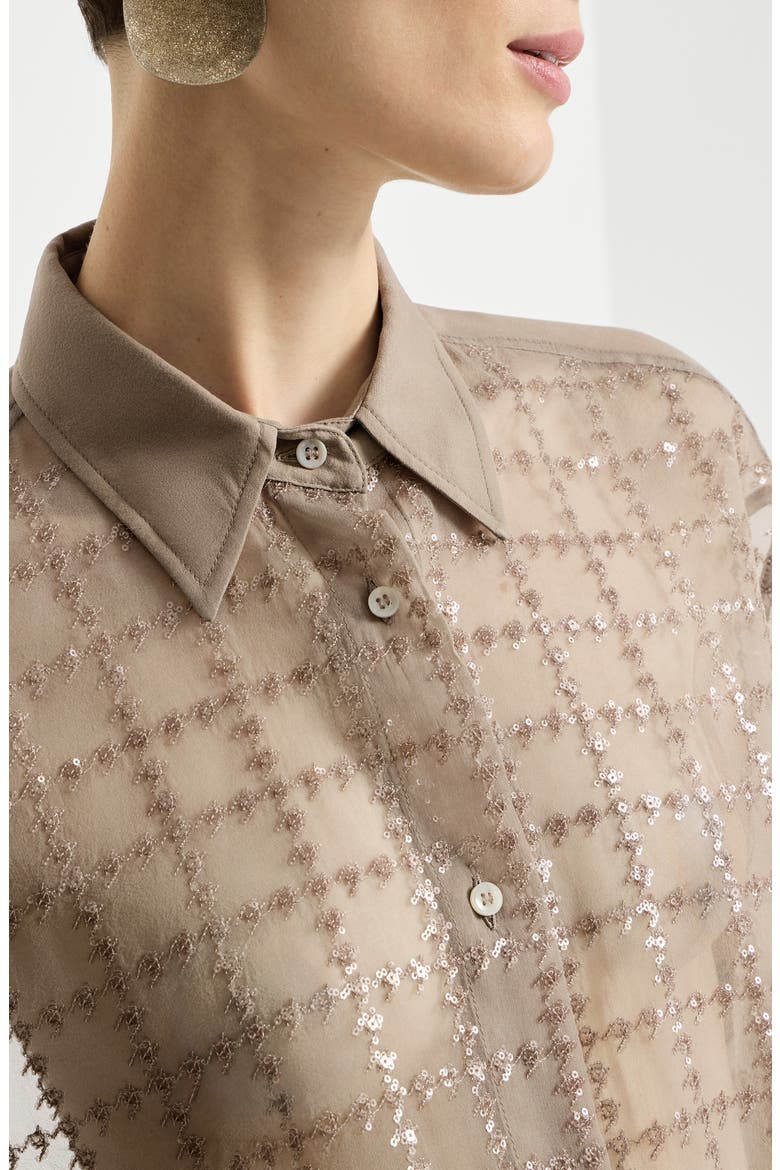 Crispy silk shirt with dazzling windowpane embroidery, Alternate, color, Light Brown