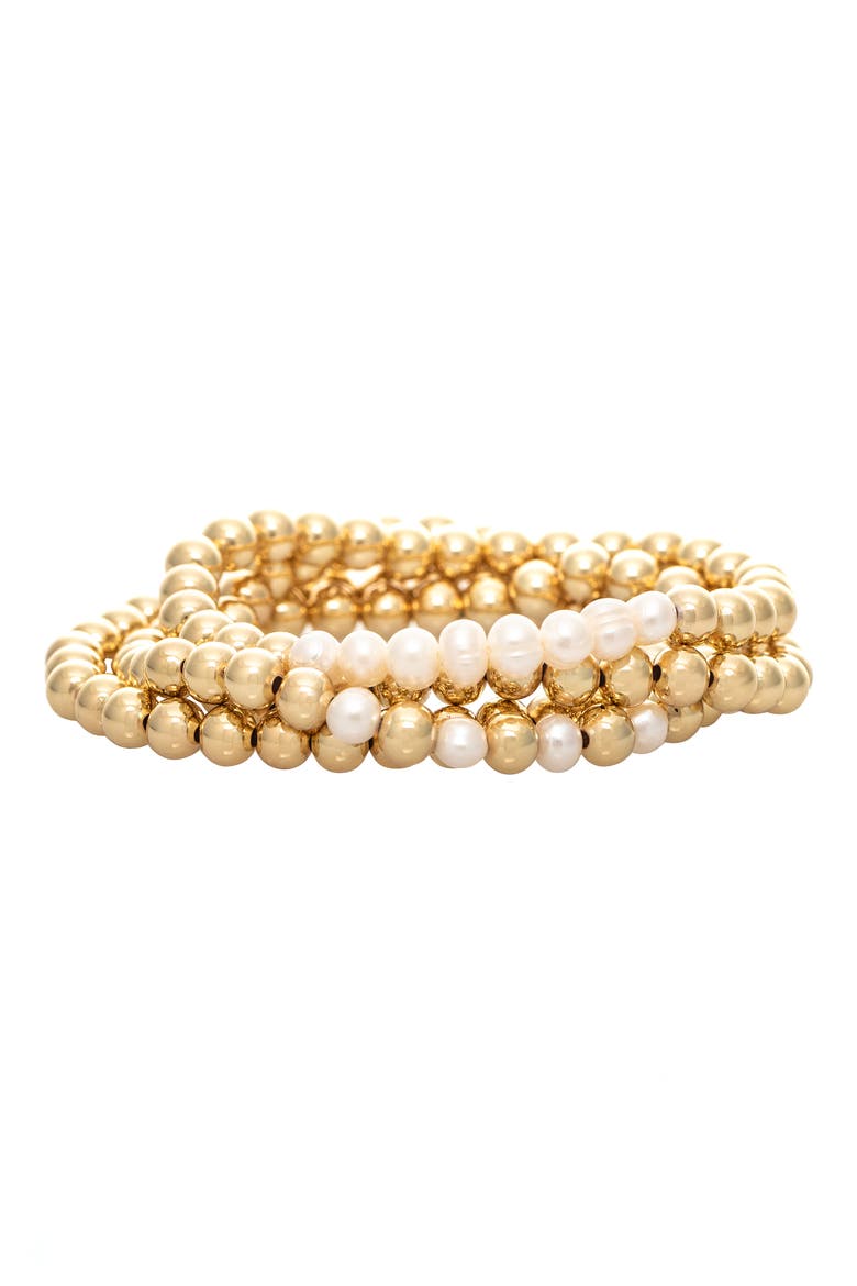 Set of 4 Imitation Pearl & Beaded Stretch Bracelets, Main, color, 18K GOLD CLAD