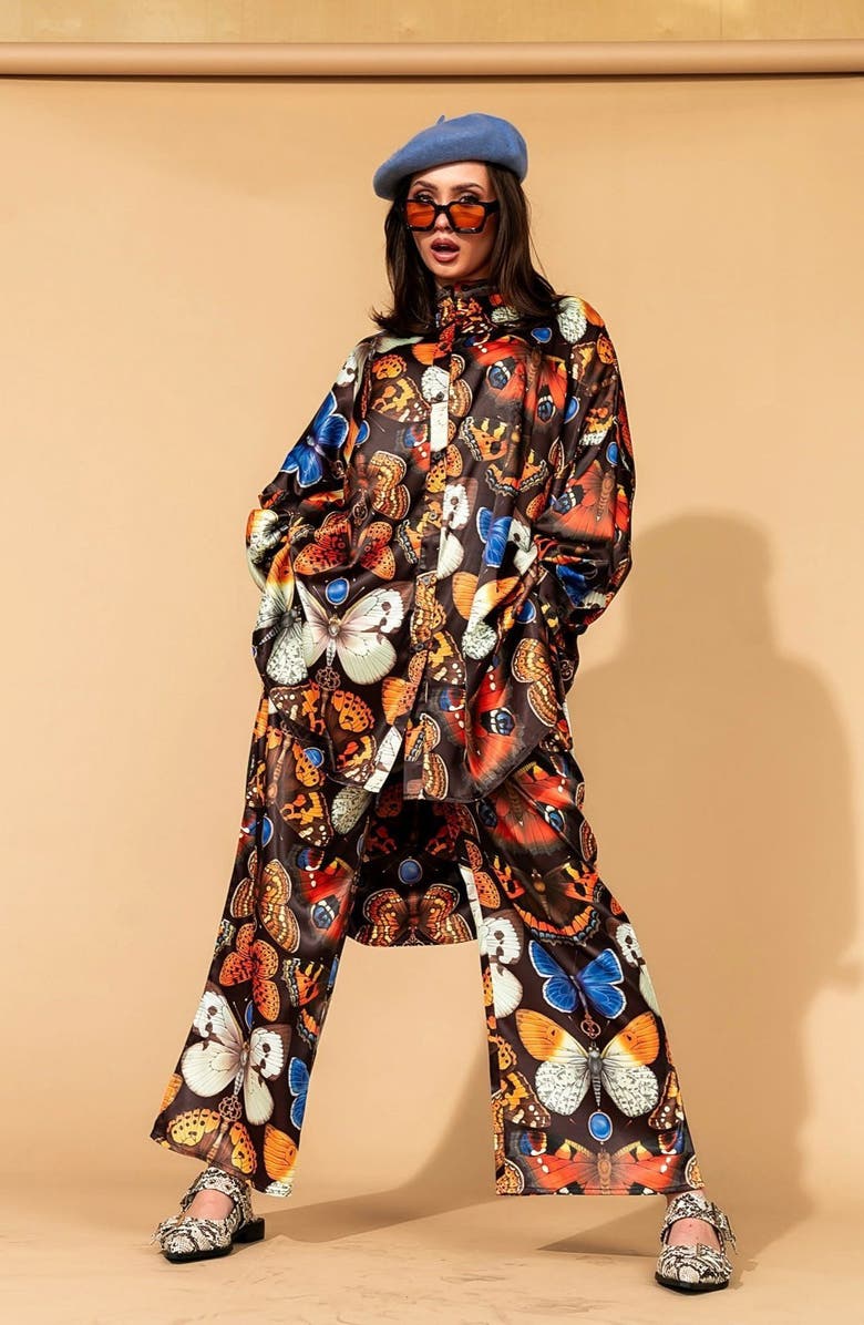 Dressed in Lala Mother Monarch Oversize Satin Button-Up Shirt & Wide Leg Pants Set, Alternate, color, Mother Monarch