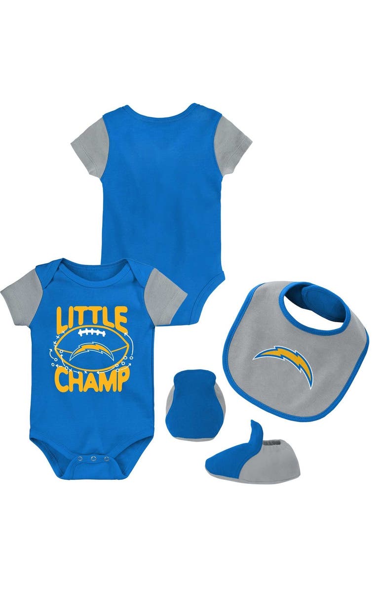 Outerstuff Newborn & Infant Powder Blue/Gray Los Angeles Chargers Little Champ Three-Piece Bodysuit Bib & Booties Set, Main, color, 