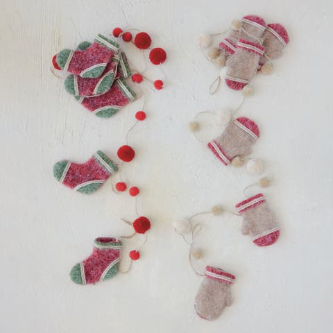 Artisan Felt Stockings Garland with Pom Poms and Jute