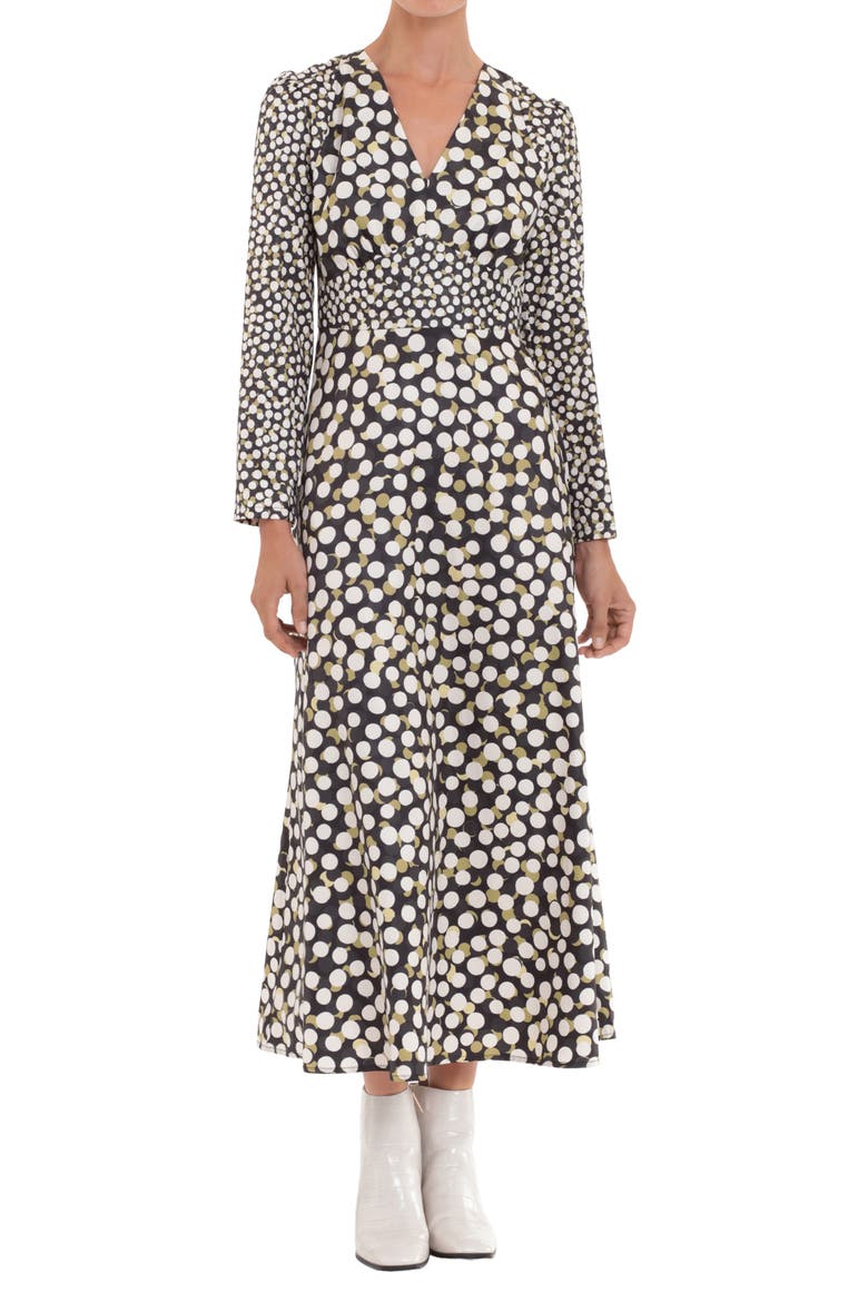 V-Neck Puff Sleeve Empire Waist Midi Dress, Main, color, BLACK/ GOLDEN OLIVE