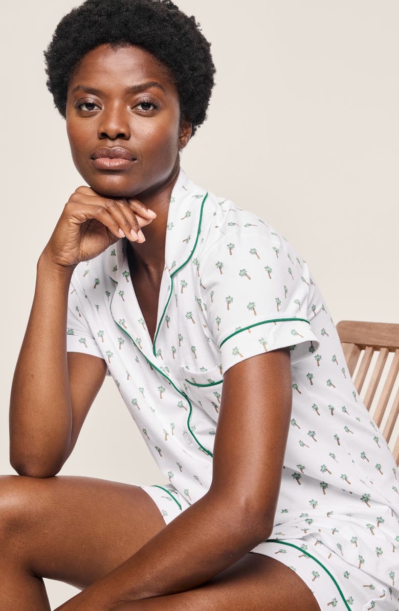 Petite Plume Palm Print Pima Cotton Short Pajamas, Alternate, color, White