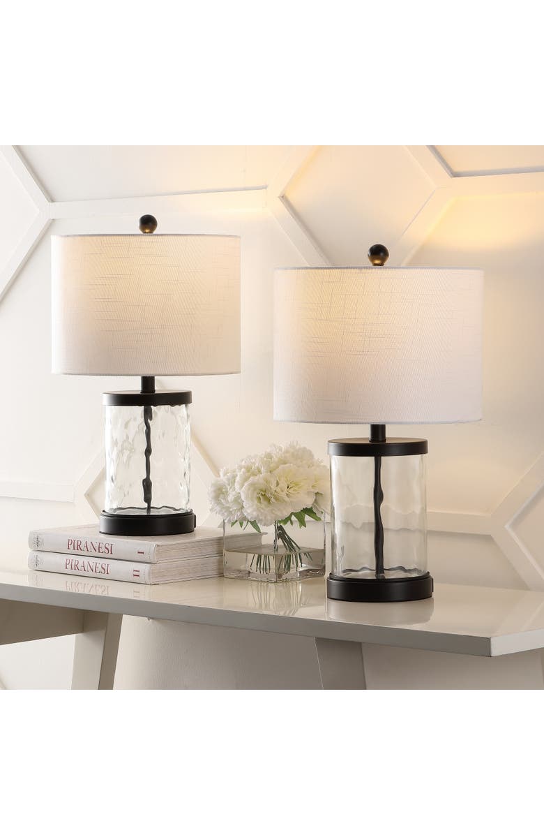 JONATHAN Y Alexander Modern Designer Iron/Water Glass LED Table Lamp with USB Charging Port, Main, color, Black/Clear