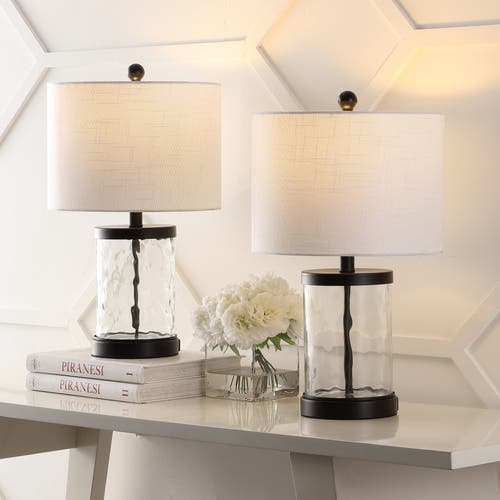 Jonathan Y Alexander Modern Designer Iron/water Glass Led Table Lamp With Usb Charging Port In Black/clear
