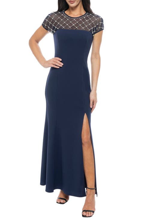 Beaded Bodice Scuba Crepe Gown