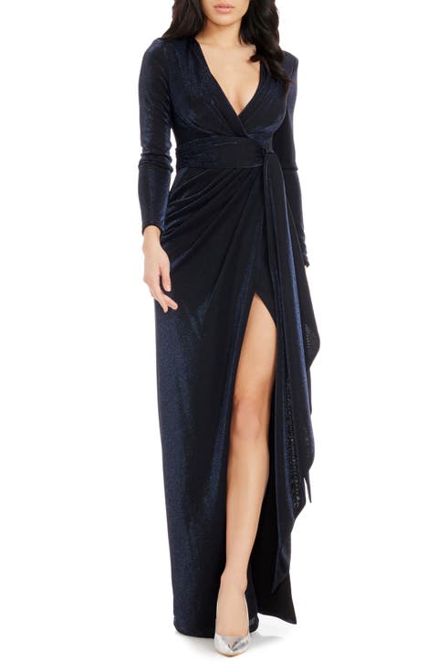 Shania Metallic Wrap Front Long Sleeve Gown