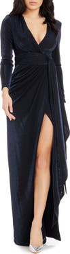 Dress the Population Shania Metallic Wrap Front Long Sleeve Gown
