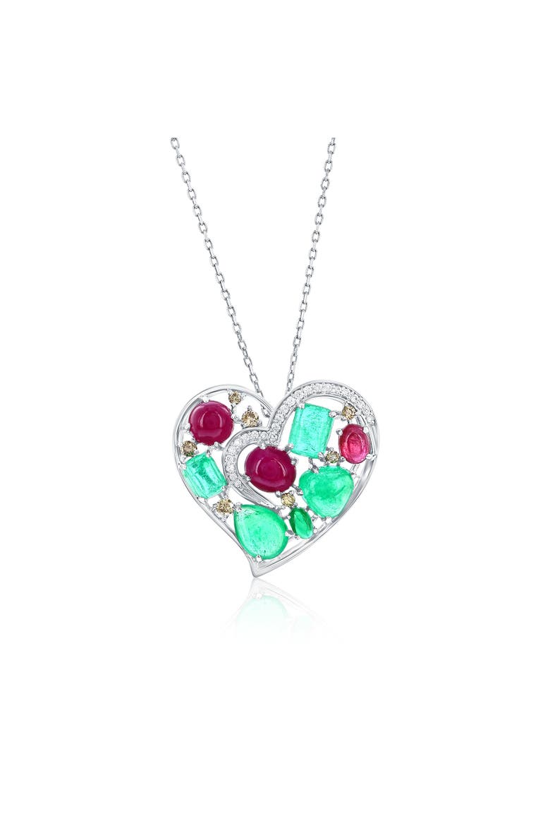 18K Gold Ruby & Emerald & Diamond Cluster Heart Pendant Necklace, Main, color, Green
