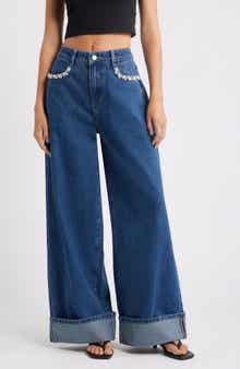 PTCL Embellished High Waist Cuffed Wide Leg Jeans