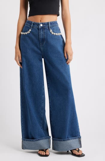 Ptcl Embellished High Waist Cuffed Wide Leg Jeans In Blue
