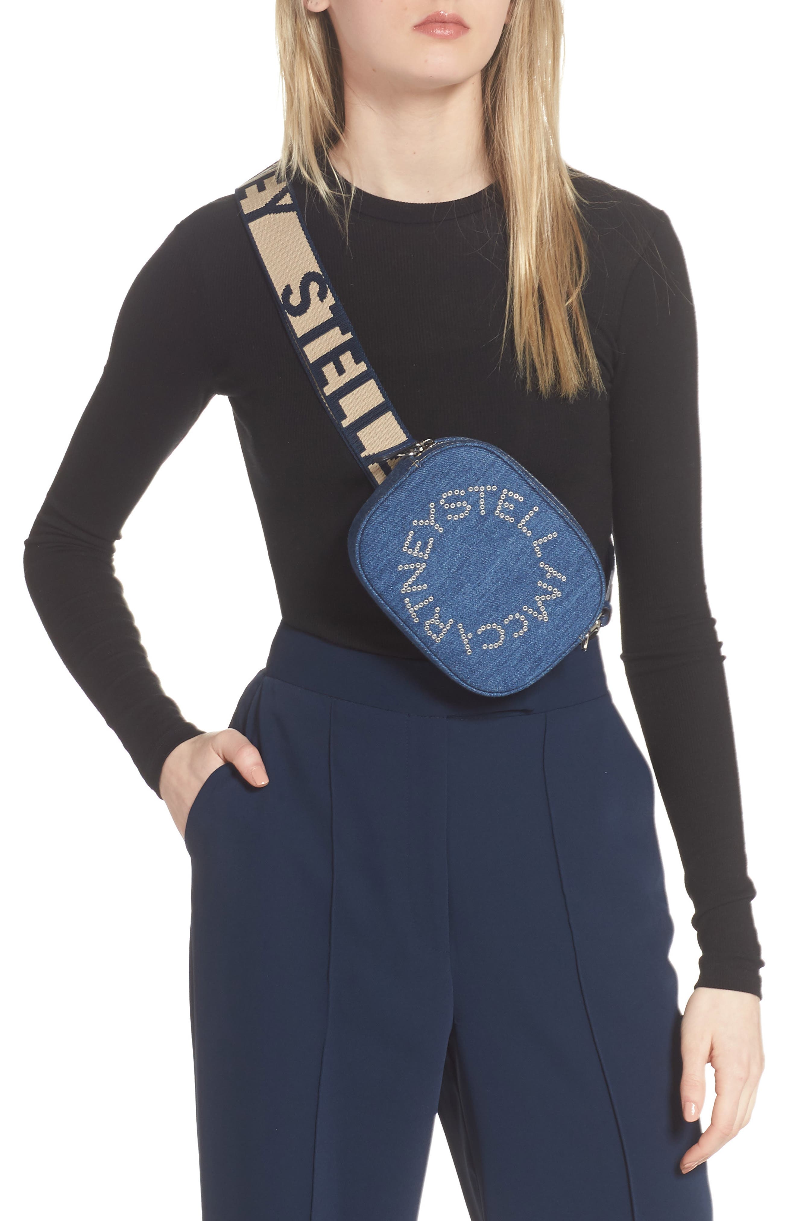 Stella McCartney Eco Studded Logo Organic Denim Belt Bag, Alternate, color, 