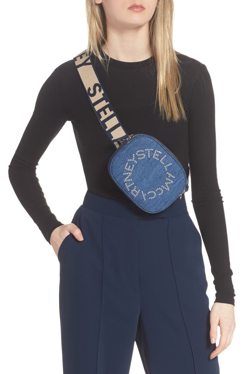 Stella McCartney Eco Studded Logo Organic Denim Belt Bag, Alternate, color,
